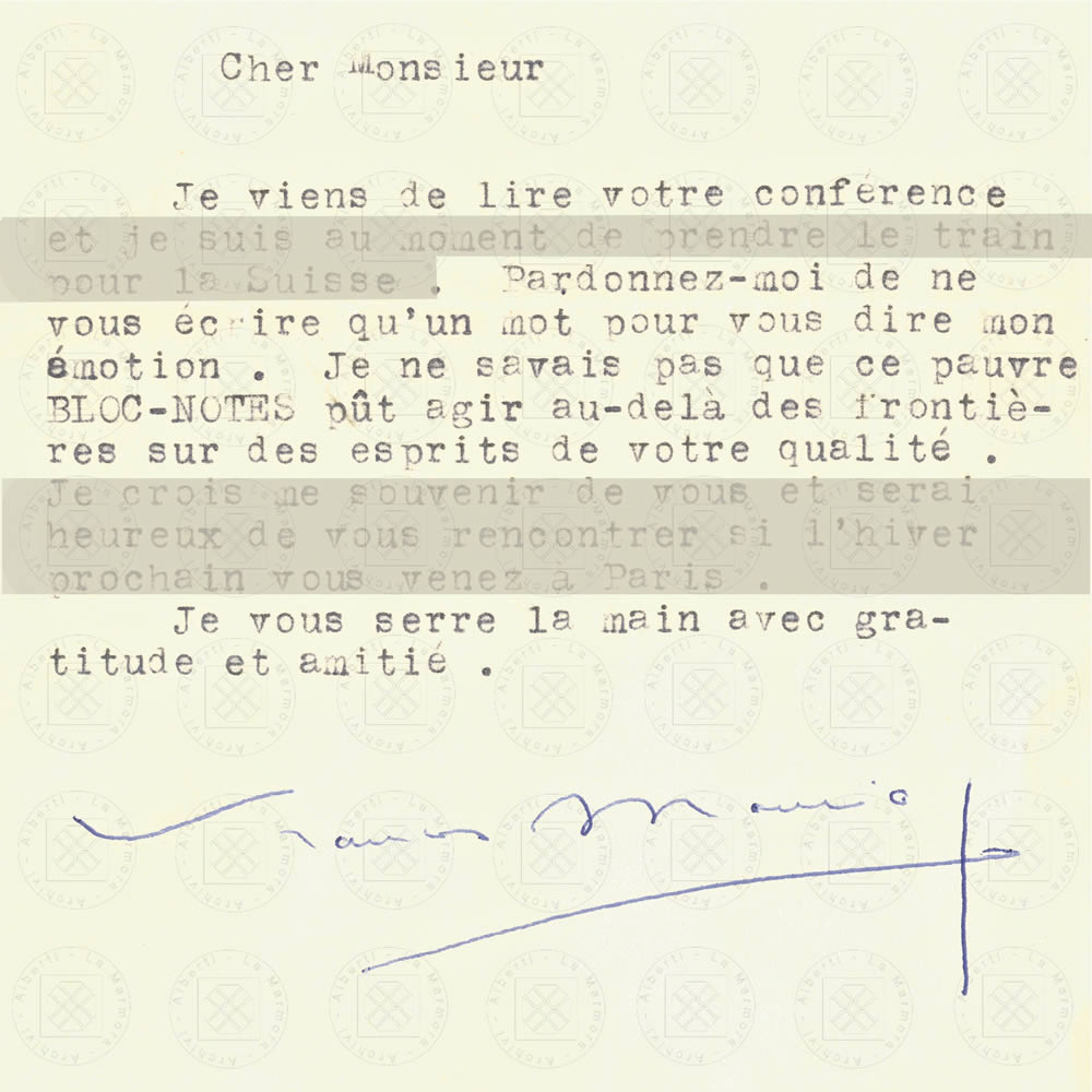 Lettera di Francois Muriac ad Alberti, Parigi, 17 luglio 1956, si riferisce probabilmente al saggio L’ultimo Mauriac, apparso nella rivista “Letteratura” rel 1956